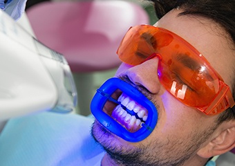 Man receiving teeth whitening in office