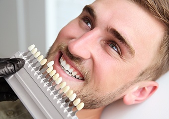 Man's teeth compared with tooth shade chart